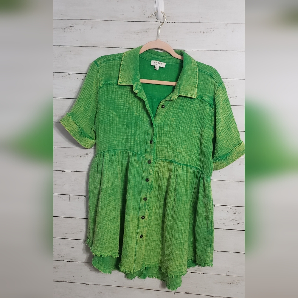 Umgee Lime Green Button-Down Oversized Babydoll Top Unique Dye Soft Lightweight